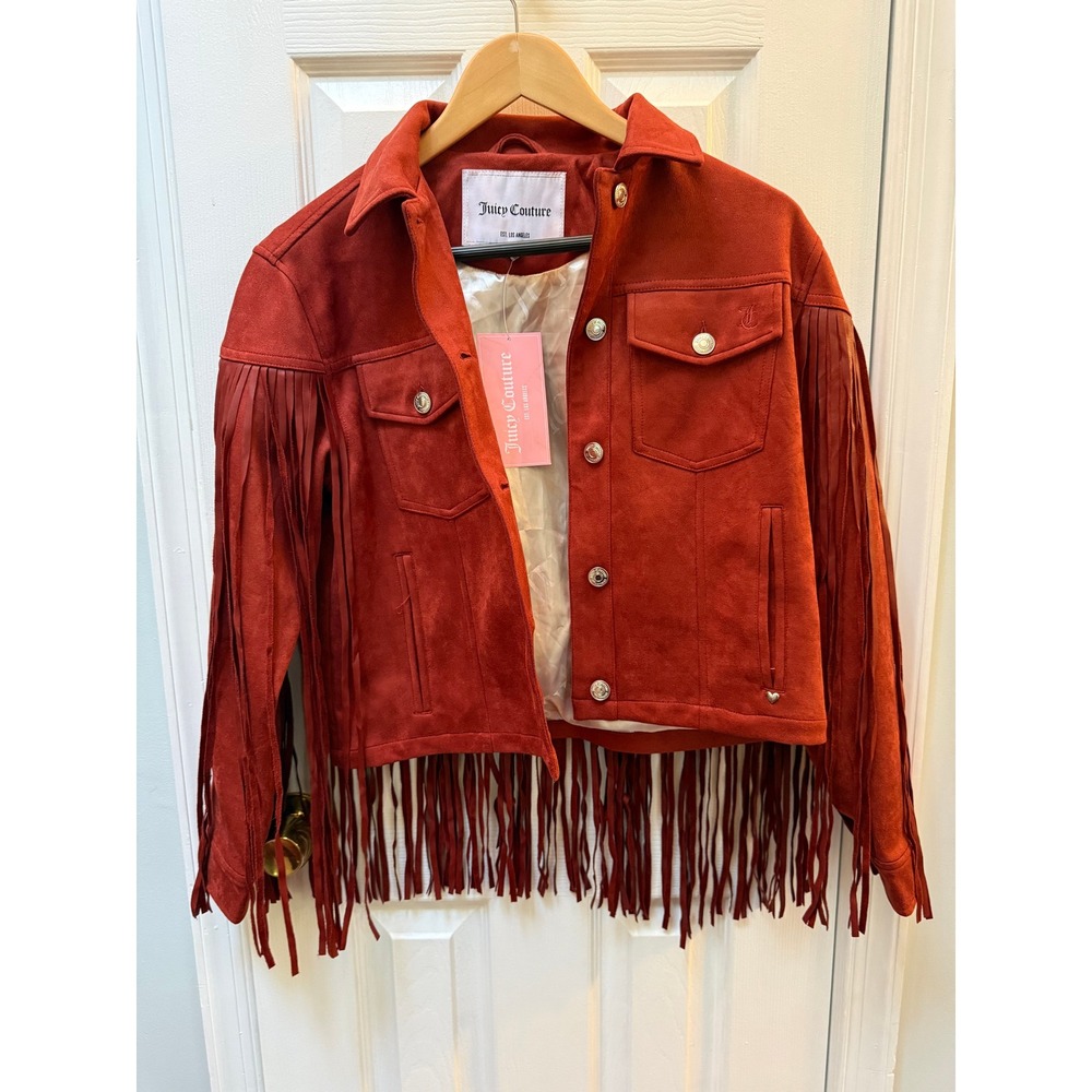 Juicy Couture Rust Faux Suede Fringe Western Jacket Small Branded Buttons Logo